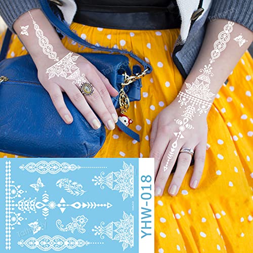 White Henna Temporary Tattoos 6 Sheets Henna Temporary Tattoos Lace Mystery Sexy Mandala Flower Design Body Art Waterproof Fake Tattoos Henna Stickers For Women Girl Wedding Body Face Arm Legs Decor #TOP6