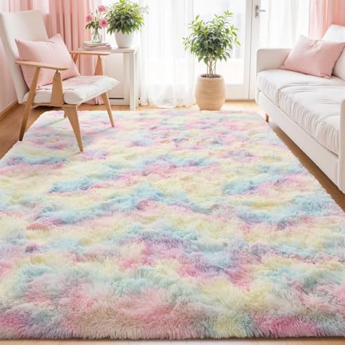 6x9 ft Fluffy Rainbow Area Rug for Bedroom Soft Fuzzy Living Room Rug Non-Slip Shag Rugs Carpet for Nursery Kids Play Room Dorm Office Indoor Modern Plush Carpets