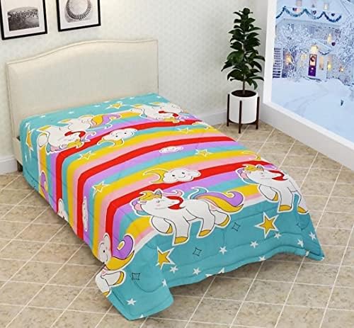 ZurZac Unicorn Comforter 60 x 90 Inch 100% Cotton Kids Single Bed 220 TC Reversible Comforter AC Blanket for Winter Set Cute - Kids Teen Girls Cute Cartoon Unicorn Lightweight Comforter
