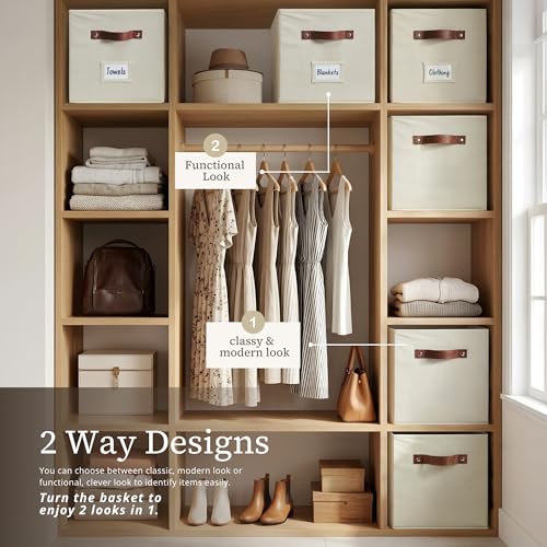 Image of DECOMOMO Storage Bins, Cube Storage Bin with Labels, Fabric Storage Cubes for Shelves (10.5 inch x 11 inch / 2pcs, Beige)