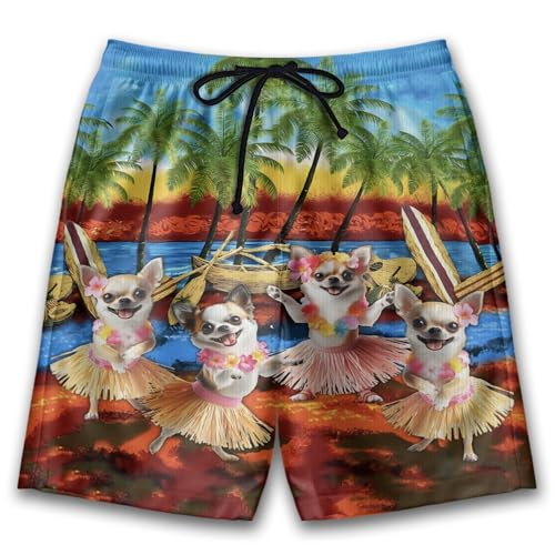 Funny Dog Mens Swim Trunks - Hula Tropical Hawaiian Mens Shorts Casual - Summer Drawstring Beachwear Shorts PA75