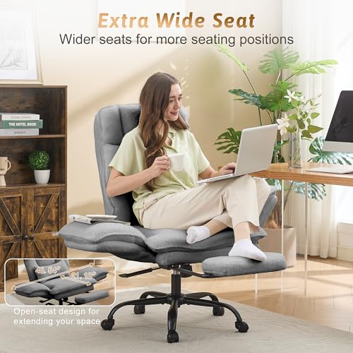 Image of Office Chair,Big and Tall Heavy-Duty Executive Reclining Computer Gaming Chair with Footrest,Flip Armrests,Lumbar Pillow&Thicken Wider Seat for Criss Cross Legged Desk Vanity Chair,Teddy Fabric Grey