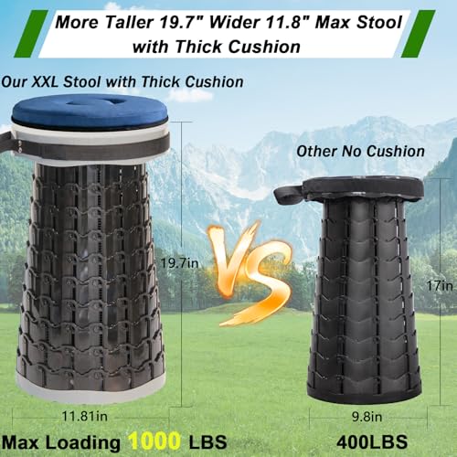 Image of 2026 Upgraded XXL Collapsible Stool with Thick Cushion,19.7 inchH-11.8 inchD Telescoping Folding Stool for Adults, More Sturdy Camping Stools with Load Capacity 1000lbs for Outdoor,Garden,Fishing,Hiking