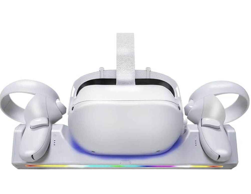 Base de carga para Oculus Quest 2/Meta Quest 2, estación de carga compatible con indicador LED Meta Quest 2 VR auriculares y controladores, con 2 baterías recargables de 2100 mAh, cargador