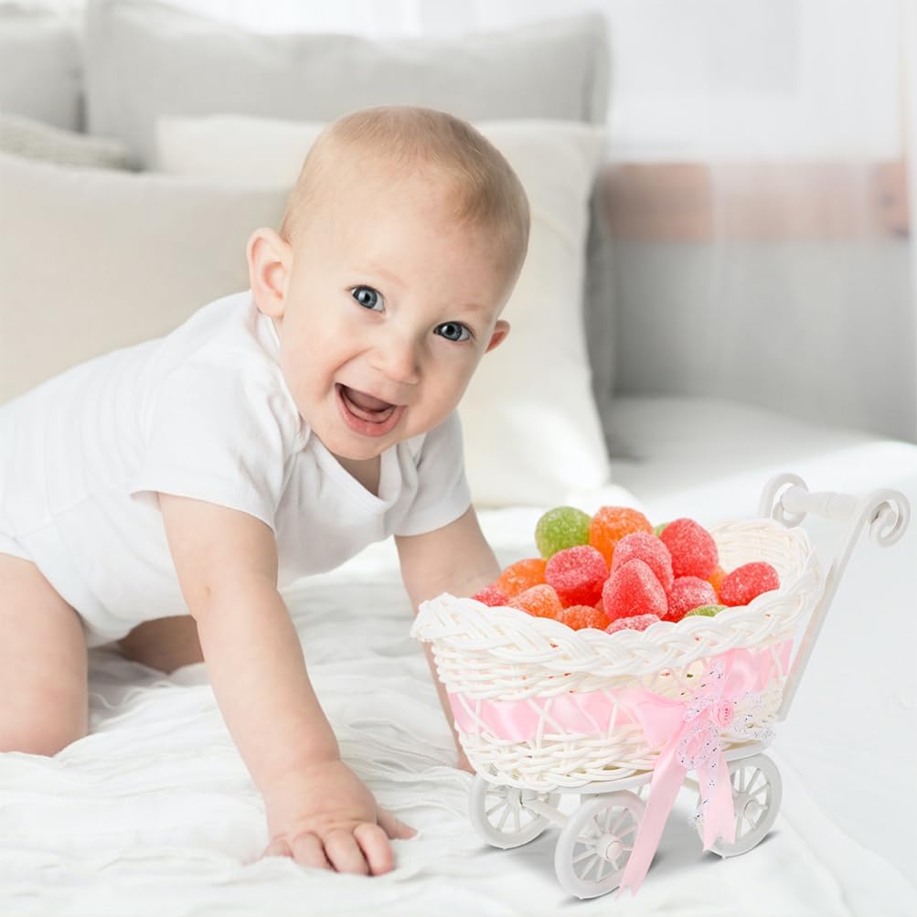 Ciieeo 4pcs Mini Rattan Trolley Basket Weddings Showers Decorative Candy Serving Basket for Party Favors Multi-Function Woven Flower Baskets Containers