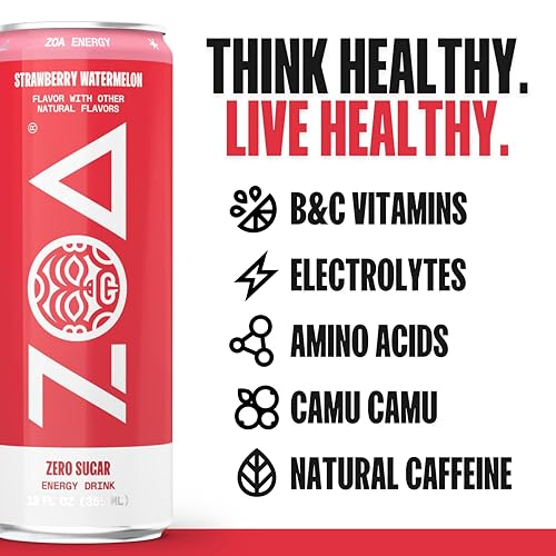 ZOA Zero Sugar Energy Drinks - Strawberry Watermelon | Healthy Energy Formula with Natural Caffeine, Daily Vitamin C, Essential B-Vitamins | Gluten-Free, Keto Friendly | 12 Ounce Cans (Pack Of 12)