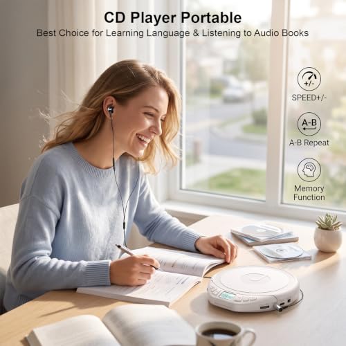 Image of Gueray Portable CD Player with Earphones CD Player for Car Support MP3 | CD Dsicman with Anti-Skip Shockproof with LCD Display Support PROG Memory Repeat Function