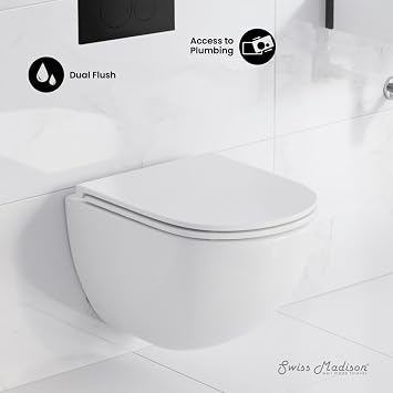 Swiss Madison St. Tropez Wall-Hung Toilet Bundle 0.8/1.6 GPF Dual Flush in Glossy White with Black Flush Plate