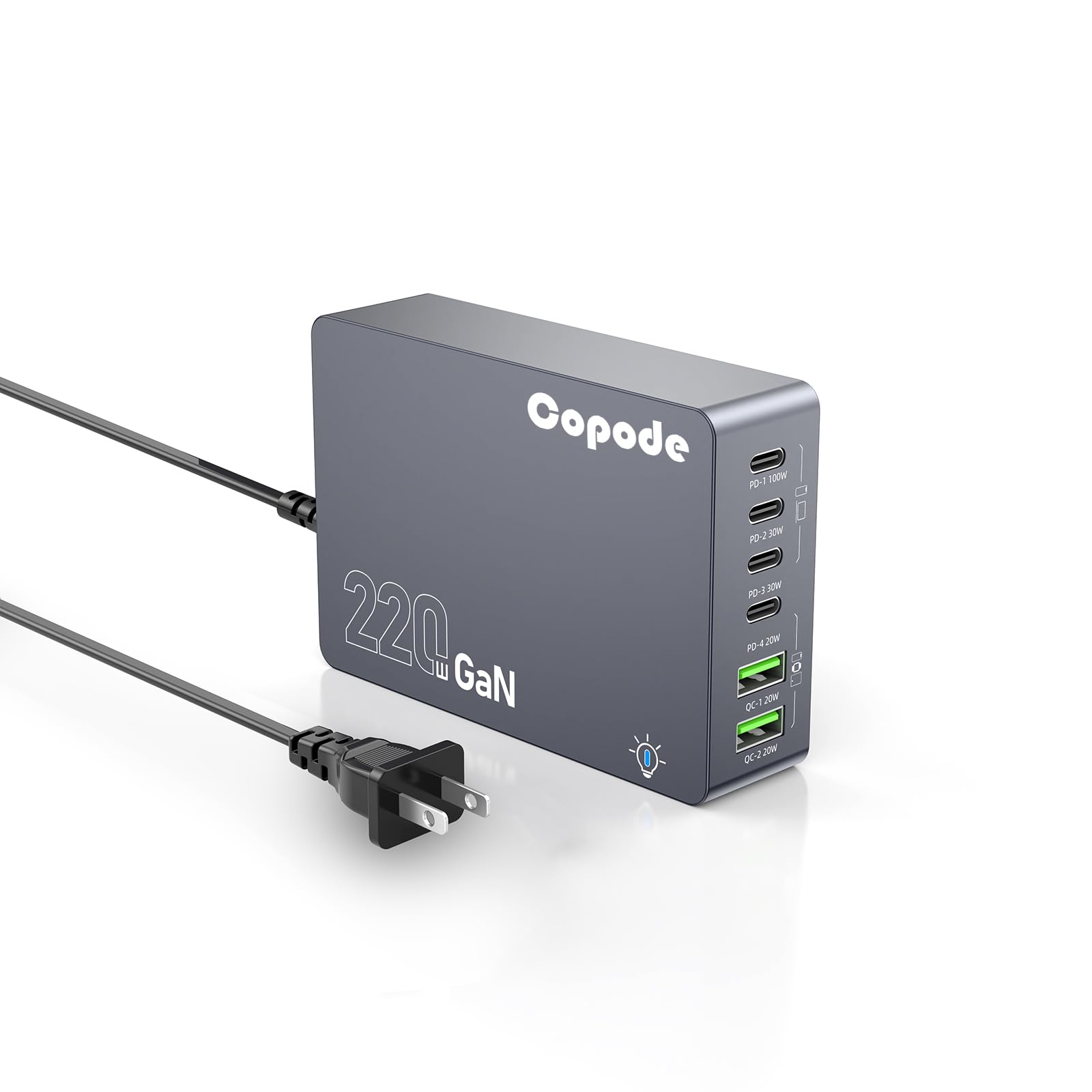 Bloque de cargador USB C de 220 W, 6 puertos GaN USB C estación de carga PD 100 W para PC, adaptador de cargador rápido compatible con iPhone 16, Galaxy 25, MacBook, iPad y más dispositivos