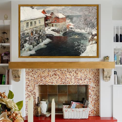 crmotu Large Framed Wall Art, Winter Landscape Vintage Canvas Prints, Riverside Architecture Rustic Farmhouse Decorations, Snow Nature Wall Decor Living Room Bedroom Decor Aesthetic Pictures 24x36in