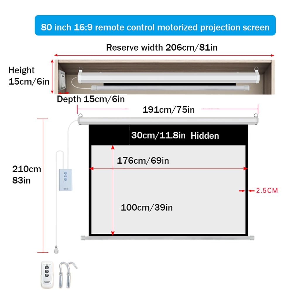 Schermo proiettore motorizzato da 60 Pollici, 16:9 HD, Schermo di proiezione da 72 Pollici con Telecomando, Montaggio a soffitto o a Parete, per Home Theater, Video Movie Night(80 inch 16:9)