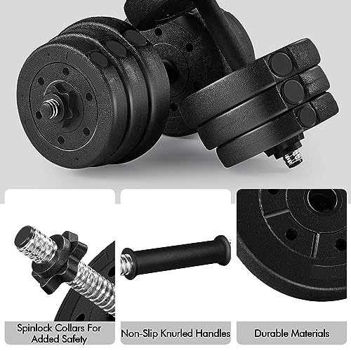 Image of Yaheetech Adjustable Dumbbell Set Free Weights with Spinlock Collars, Black | Concrete-filled plastic plates, iron bar, non-slip grip; strong durability, easy weight adjustments for home gym beginners