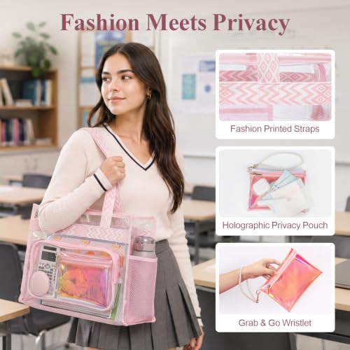 Image of PACKISM Clear Tote Bag for School - Large Heavy Duty Clear Tote for Girls | See Through PVC, Wide Zipper Opening, Front Pocket Keeps Essentials Visible for Students, Class, Work, Daily Carry, Age 12+