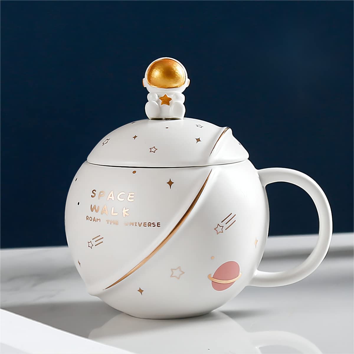 15 Oz Astronaut Mugs with Lid and Spoon Planet Ceramic Mug,Mugs for Tea, Coffee,Birthday Gifts for Parents And Friends.Space Mug(White)