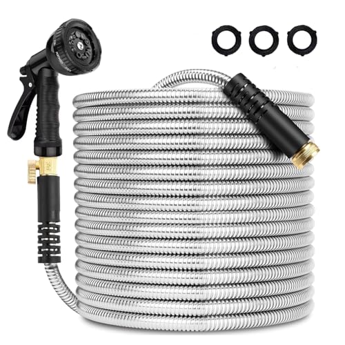 Stainless Steel Metal Garden Hose 25 FT No Kink Garden Water Hose with 8 Pattern Spray Nozzle for Yard Outdoor Flexible Never Kink & Tangle Puncture Resistant Black