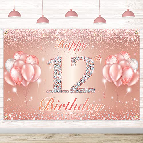 Happy 12th Birthday Banner Backdrop - 12 Birthday Party Decorations Supplies for Girls or Boys - Rose Gold 4 x 8ft
