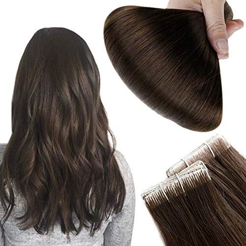 Full Shine Tape in Hair Extensions 14 Inch Inject Tape in Human Hair Extensions Color 2 Darkest Brown 2.5 Gram Per Pcs 12.5 Gram Per Pack Invisible Skin Weft PU Remy Hair Extensions