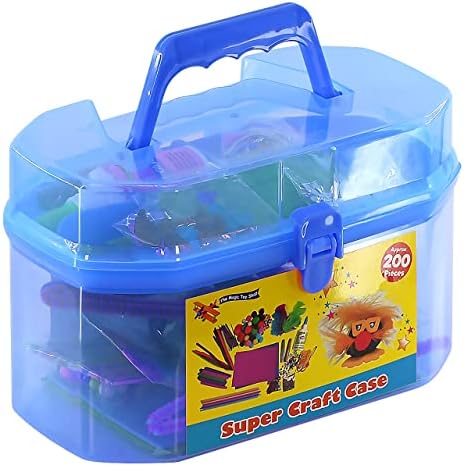 The Magic Toy Shop Kids Giant Mega Super Craft Art Carry Case with over 200 Pieces - Feathers, Pom Poms, Beads, Sticks, Neon Laces, Wool, Sequins, Gems, Googly Eyes, Glitter Glue (Blue)