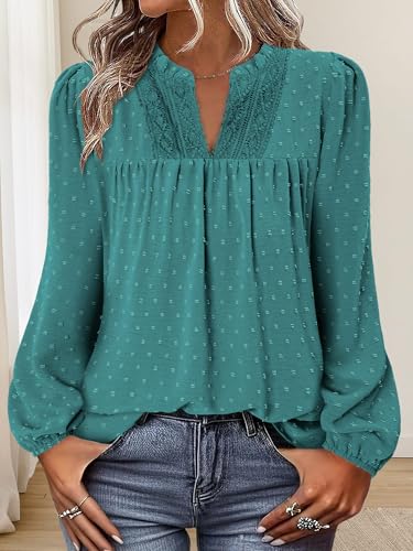 BETTE BOUTIK Women Boho Long Sleeve Shirts Dressy Casual V Neck Fall Fashion Tops Swiss Dot Flowy Blouses