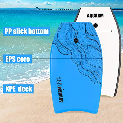Aquarm 41 Inch Bodyboard With Premium Wrist Leash And Fin Tethers, Super Lightweight & Slick Bottom Perfect Surfing For Kids Teens And Adults (Blue) #TOP2