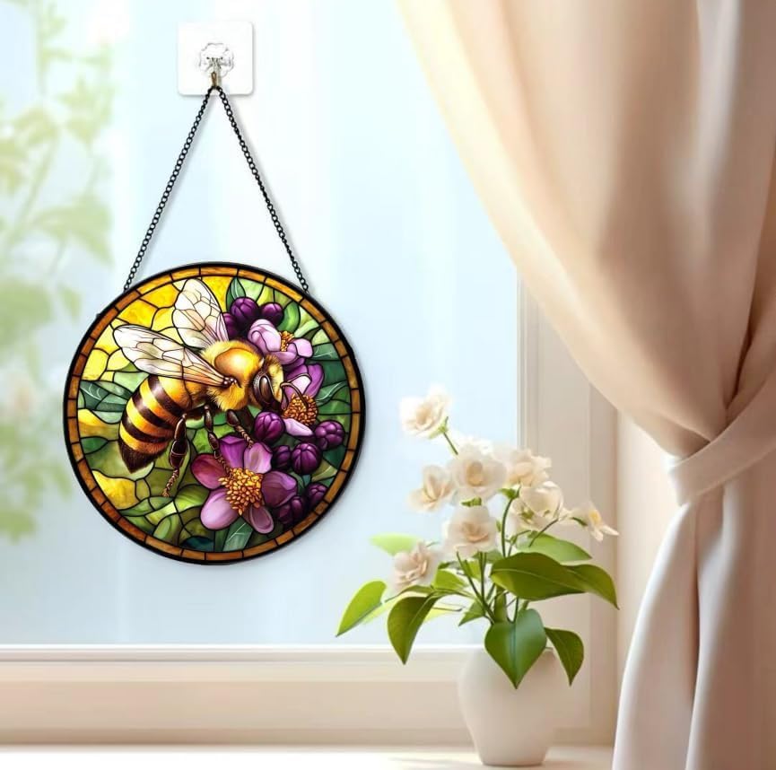 Bee Stained Glass Suncatcher Round Window Hanging Decor Colorful Floral Sun Catcher Panel Honey Bee Art for Home Kitchen Garden Living Room Gift