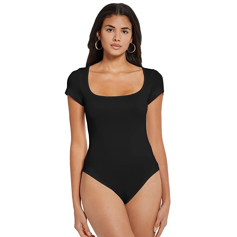 Body Donna Maniche Corte Bodysuit Elegante Scollatura Quadrata Contenitivo Modellante Outfit Estivo versatile Aderente Morbido