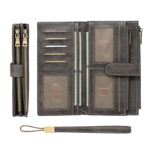 Image of GOIACII Large Wallet for Women Leather Wristlet Grey