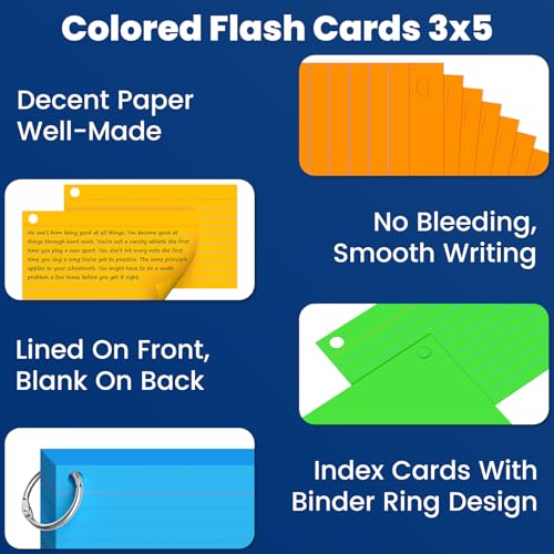 Flash Cards 3x5 Flashcards, 300 PCS Index Cards 3x5 Cue Cards, Colored Lined Paper Cards Revision Flash with 6 Metal Binder Ring, Record Recipe Study Flash Cards for Taking Notes,  image 4
