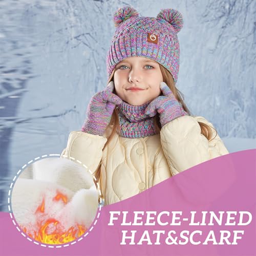 Kids Winter Hat Gloves Scarf Set Beanie with PomPom Fleece Lined Warm Touch Screen for Boys Girls Christmas Gift3