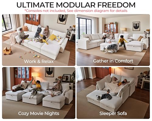 Image of Oversized Modular Sectional Sofa, Comfy Cloud Couch with Reversible Chaises Extra Deep U-Shaped Sleeper Sofa Bed for Living Room, Covers Washable, 6-Seater with 2 Corners, Chenille, White