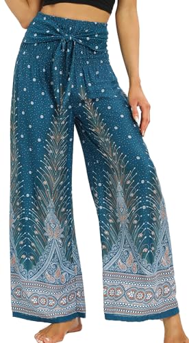 FEOYA Leichte Sommerhose Damen Palazzo Hose Hippie mit Kordel Yoga Zumba Strandhose Damen Lang Hohe