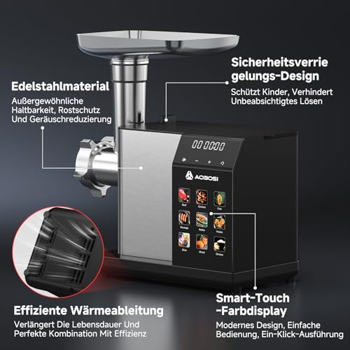 AAOBOSI Elektrischer Fleischwolf [3000W Max] mit LED-Anzeige, 9 Geschwindigkeitsstufen, Edelstahl-Schneideaufsatz, Wurstfüller & Kibbe-Maker, Integrierter Aufbewahrungsbehälter, Für den Heimgebrauch