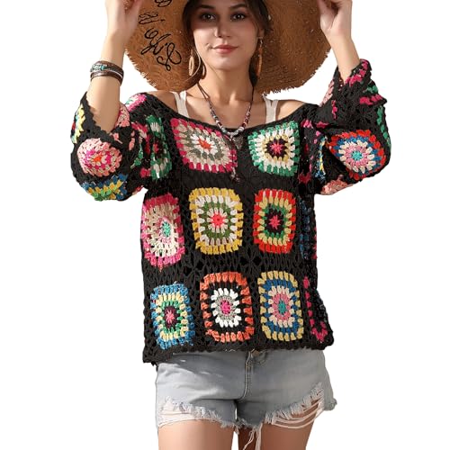 Crochet African Flower Granny Square Pullover Colorful Block Sweater Knitted Cover Up Hollow Out Long Sleeve Beach Outfits2