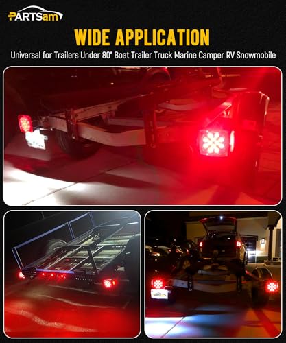 Image of Partsam 12V Submersible Square Led Trailer Lights, Red White LED Stop Turn Tail License Side Marker Running Light Lamp for Trailers Under 80 inch Boat Trailer Truck, IP68, Red Clear Lens