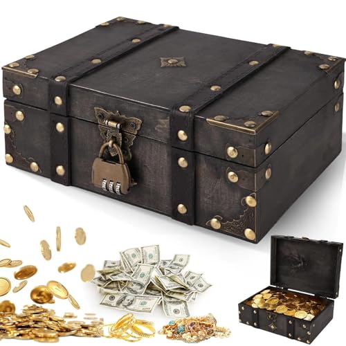 Coffre au trésor en bois avec serrure, Coffret pirate vintage pour enfants, 24 x 17 x 9.5 cm Coffre au trésor avec couvercle, Boîte coffre pirate, Coffre au...