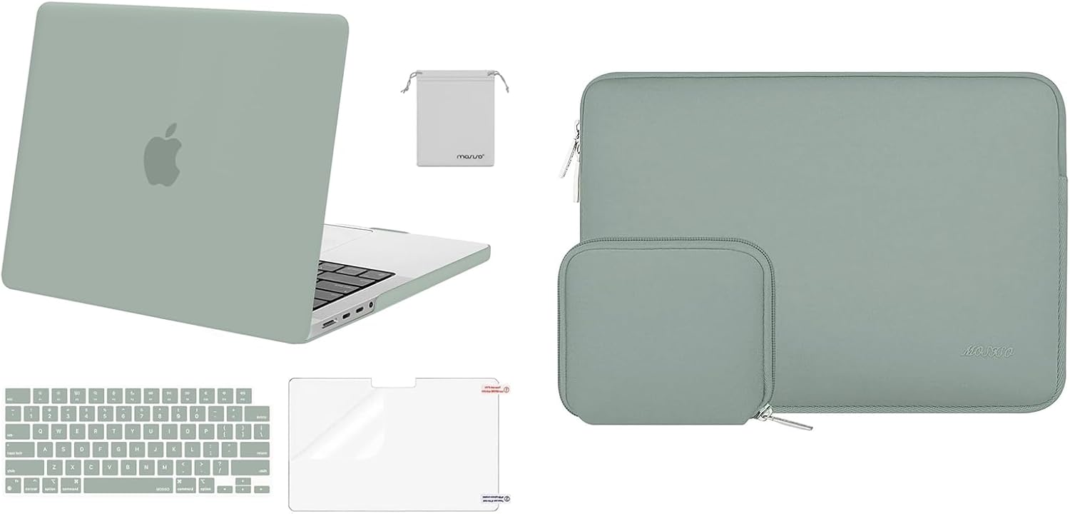 MOSISO Compatible with MacBook Pro 14 inch Case 2024-2021 M3 A2918 A2992 M2 A2779 M1 A2442, Neoprene Sleeve Bag&Plastic Hard Cased&Keyboard Cover&Screen Protector&Storage Bag,Antique Green