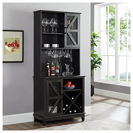 Lounge or Dining Room Stylish and Modern Charcoal Liquor Bar Cabinet with a Mix of Cabinets and Shelves and Wine Rack
