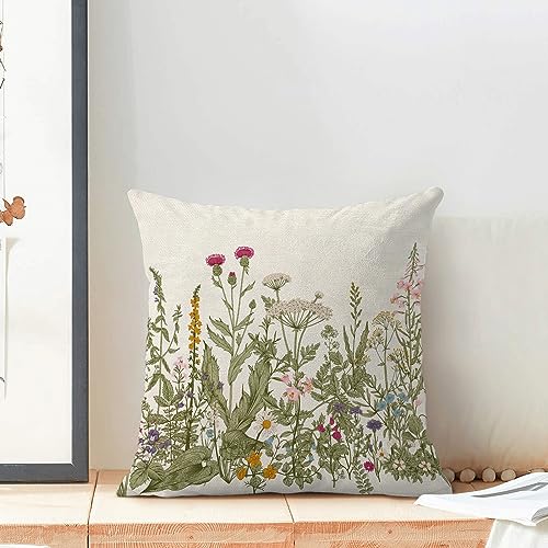 Image of AEIOAE Sage Green Pillow Covers 16x16 Inch Set of 2, Spring Wildflower Plant Throw Pillows Case,Seasonal Floral Outdoor Decorative Flowers Farmhouse Decor Cushion Covers for Home Sofa Bed Couch