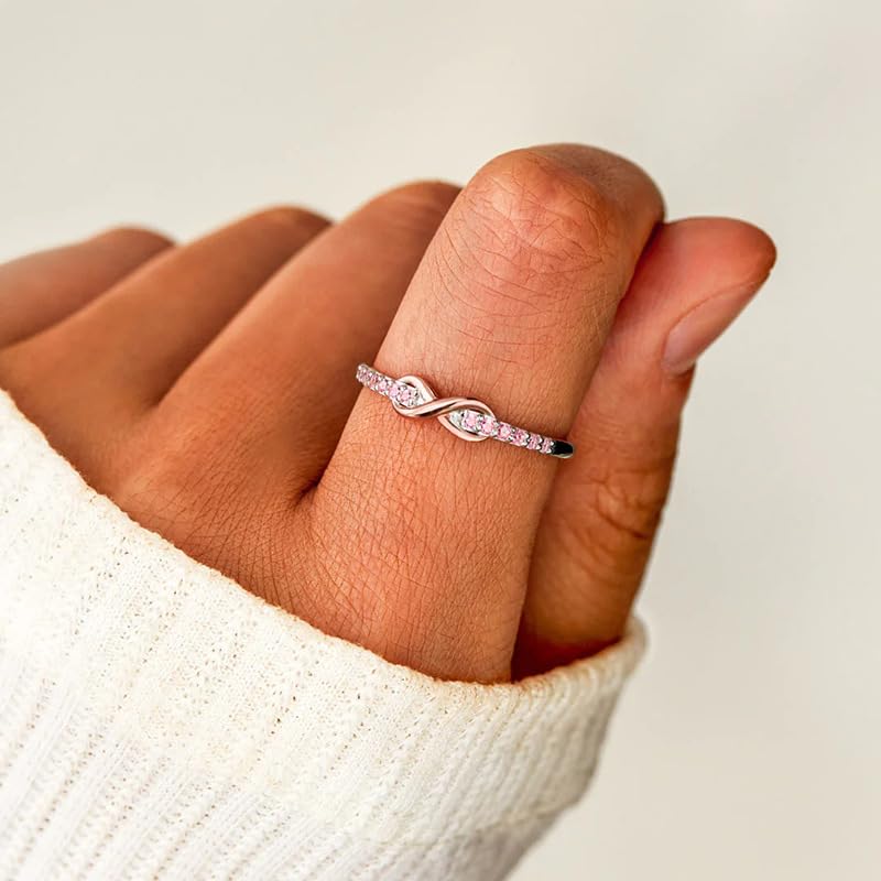 Gixaxak 925 Sterling Silver Infinite Pink Cubic Zirconia Stackable Ring Marquise Eternity Band for Women Stacking Ring Engagement Ring Cubic Zirconia Eternity Wedding Band 93