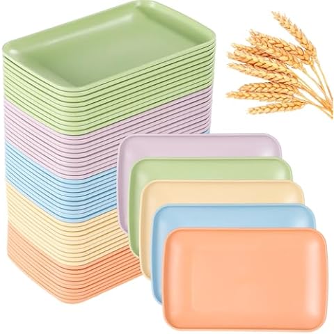 OMISTAR 50 Pcs Wheat Straw Rectangular Dinner Plates, 9.3 x 5.8 inch, 5 Colors, Microwave Safe, Lightweight, For Kitchen, Camping, Adults and Kids Cover