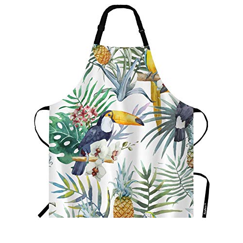 Beabes Toucan Palm Tree Pineapple Kitchen Apron Tropical Parrot On Branch Leaves Nature Durable Cooking Bib Apron for Chef Restaurant Home Cleaning Serving Painting 27" X 31"