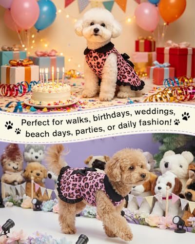 Image of CuteBone Trendy Pink Leopard Print Pet Dress with Peter Pan Collar - Sweet & Edgy Pattern - Sleeveless Ruffled Skirt with Bow for Small Dogs, Cats - Stylish Daily & Party Wear