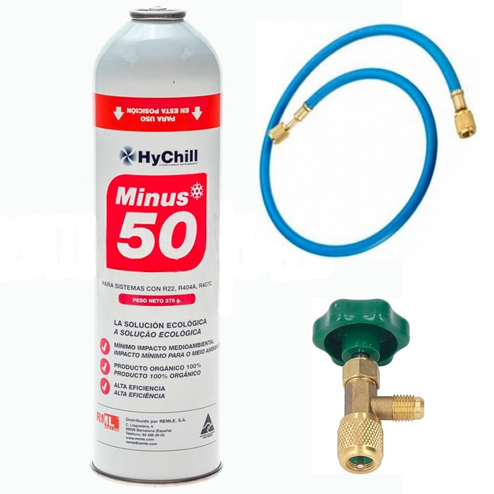 REPORSHOP - Gaz réfrigérant organique Minus 50 1 bouteille de 375 g + valve + tuyau pour systèmes avec gaz R22, R404A, R407C et R502 - Remplacement Freeze haute efficacité pour climatisation