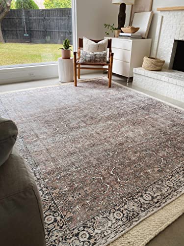 Kemer Collection Machine Washable Hallway Kitchen Runner Rug - Vintage Distressed Faded - Oriental Bohemian Persian Traditional Bordered Carpet - Pet Friendly - Brown, White, Black - 2'7" X 7'3" #TOP3