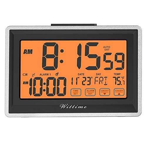 Wittime 5100 Alarm Clock for Bedroom Digital Desk Clock Small Digital Clock Battery Operated Small Snooze Clock Battery Powered Table Clock for Adults, Kids Auto DST Orange Backlight Display