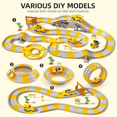 MSKOLER 200 Pieces Construction Toy Car Race Tracks Sets for Kids 3 4 5 6 7 8 Years Old - Flexible Tracks Playset, Engineering Tracks, Electronic Toy Car for Boys, Birthday Gifts for Toys Toddlers 3-5