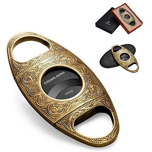 CIGARLOONG Cigar Cutter, Stainless Steel Cigar Scissors with Pouch, Double-Edged Blade Cutter for Most Size of Cigars, Cigar Accessories with Gift Box (Gold)