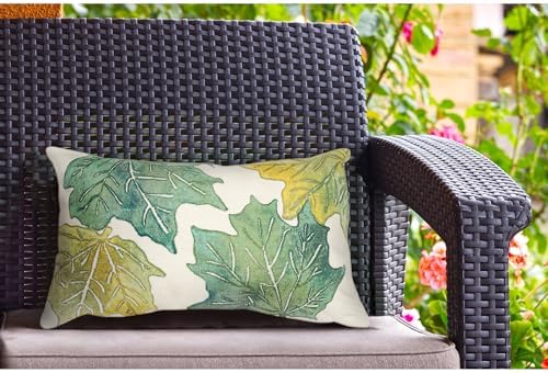 Liora Manne Visions IV Indoor/Outdoor Handmade Pillow - Transitional Botanical Nature Colorful (Leaf Toss Forest Cloud) (12" x 20")