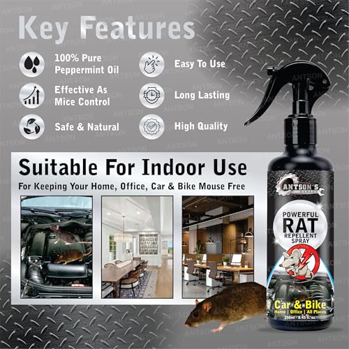 Image of Antson 250 ml Rat Repellent for Car, No Entry Rat Repellent for Cars Highly Effective Easy to Use, Odour Free Rodent Repellent for Cars, Bike, Home, Office, (Rat Killer)