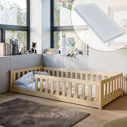 Lit au Sol pour Enfant 80x160 cm- Lit Simple avec Matelas Inclus - Protection Contre Les Chutes & sommier à Lattes Montessori - Set Complet pin Naturel Massif